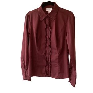 LOFT Ruffled Button Up Shirt Size 6 Reddish Brown Cottagecore Victorian